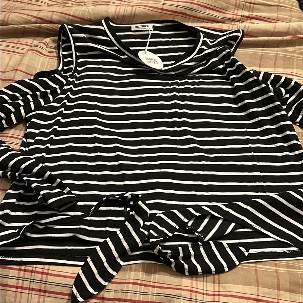 Black and White Striped Tie Front Sailor Collar Blouse